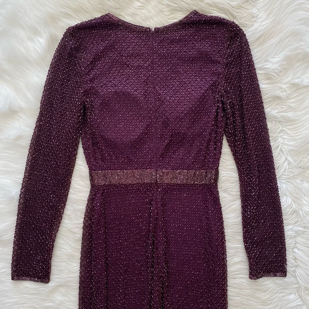 Mac Duggal Purple Plum Lattice Beaded Long Sleeve Modest Formal Midi Dress - Picture 11 of 16